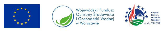 Flaga Unii Europejskiej, Wojewódzki Fundusz Ochrony Środowiska i Gospodarki Wodnej w Warszawie, logotyp domu z kłosami zbóż i niebieskimi gwiazdami Program Rozwoju Obszazrów Wiejskich na lata 2014-2020