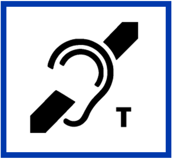 Ucho z literą T- piktogram oznaczający, że w pomieszczeniu dostępna jest pętla indukcyjna