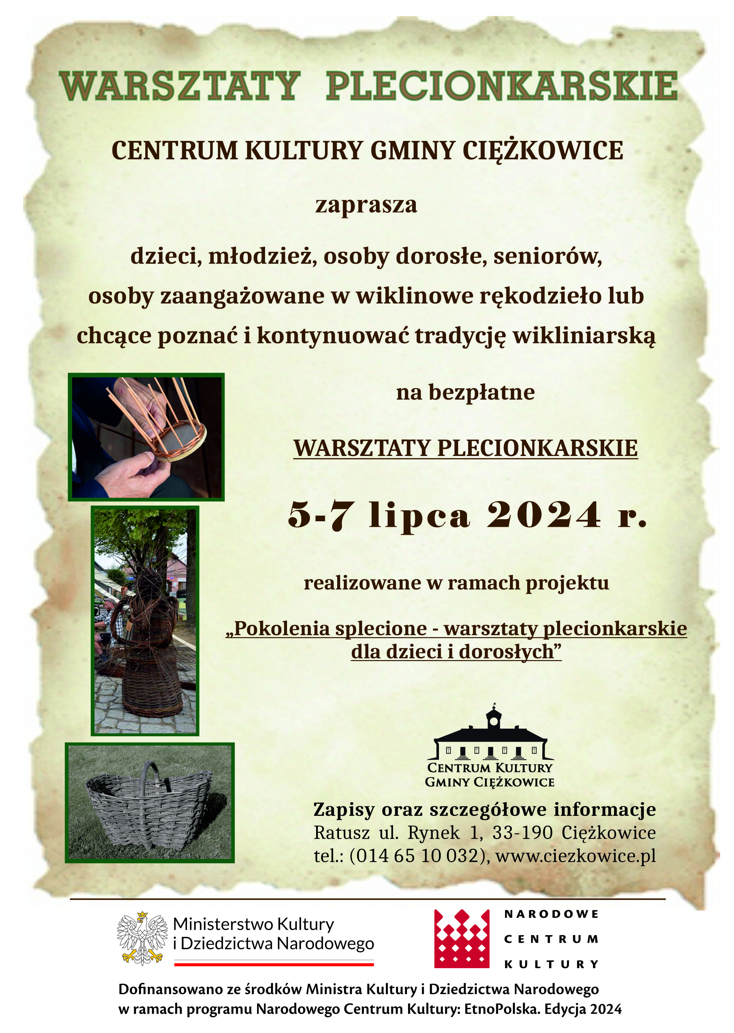 Plakat informacyjny o warsztatach plecionkarskich dla dzieci i dorosłych