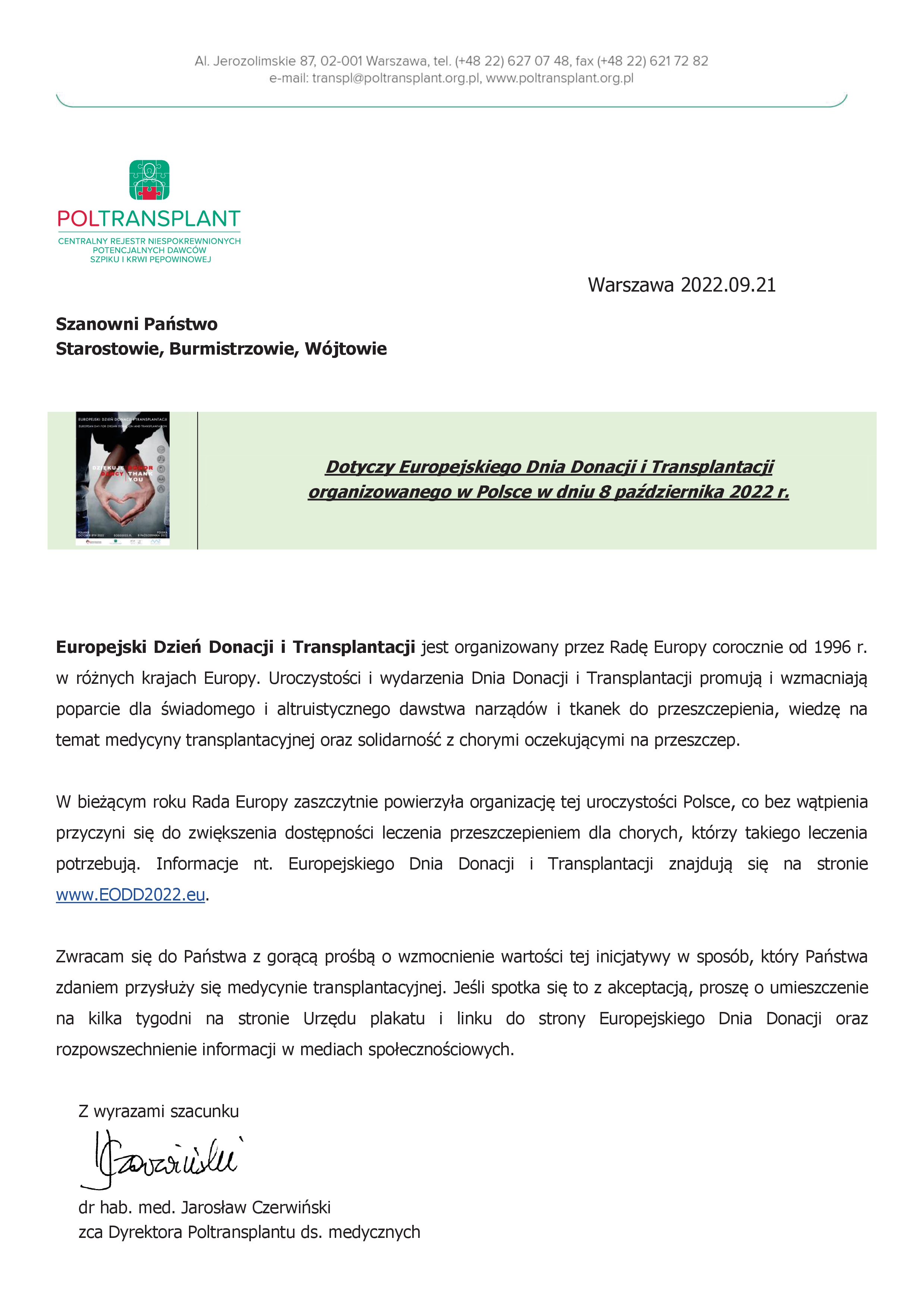 pismo dotyczące obchodów Europejskiego Dnia Donacji i Transplantacji, który przypada 8 października 2022 r.