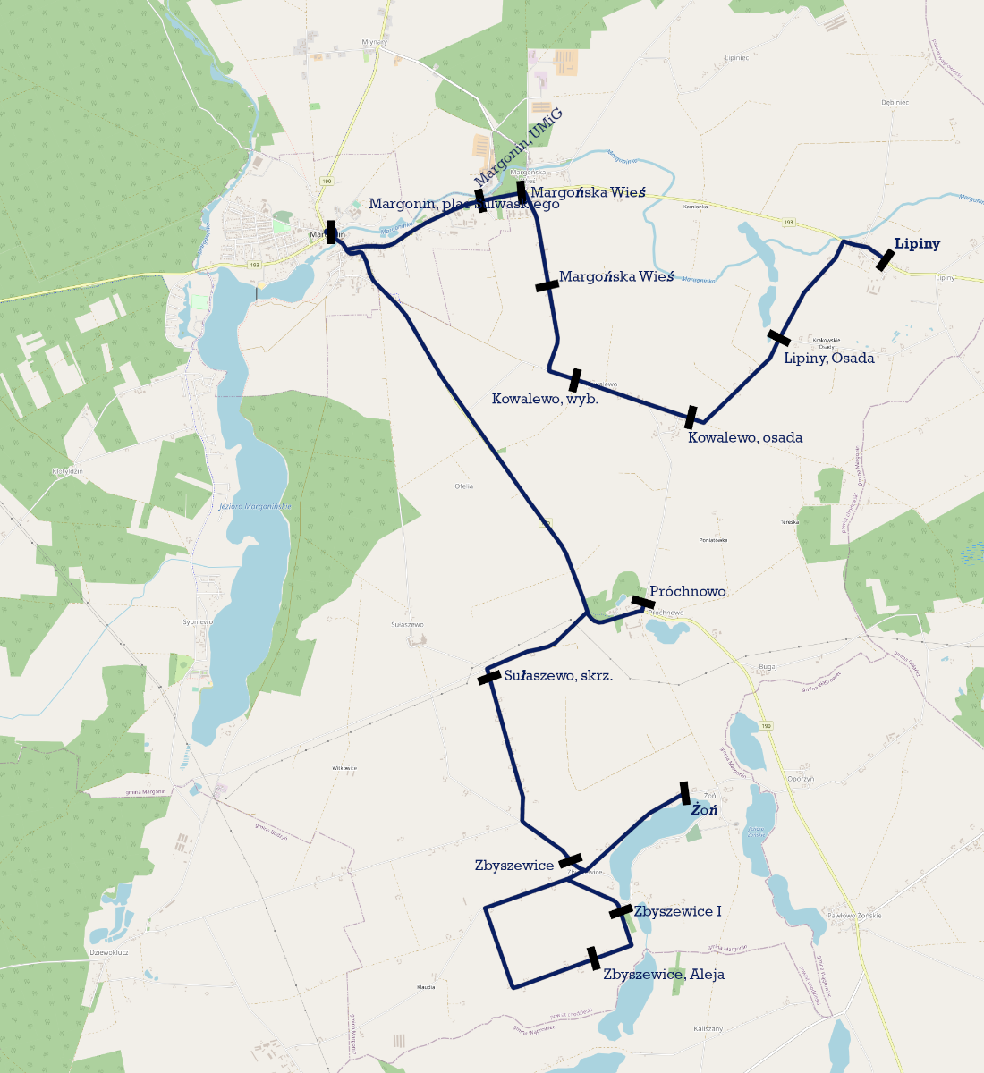 Graficzne przedstawienie trasy linii autobusowej Lipiny – Kowalewo - Margońska Wieś – Margonin – Próchnowo – Zbyszewice - Żoń. Mapa z zaznaczonymi przystankami.