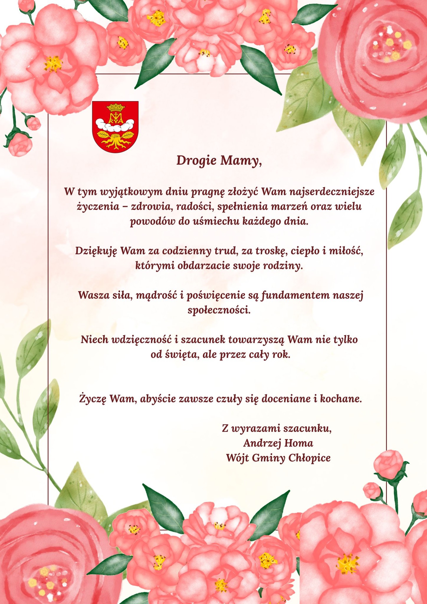 Życzenia Wójta Gminy Chłopice z okazji Dnia Matki