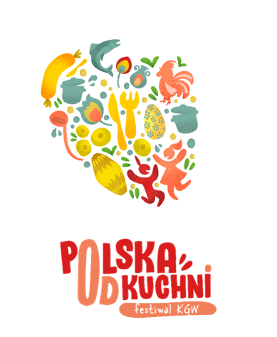 Grafika przedstawia: kształt Polski wypełniony kolorowymi rysunkami, takimi jak kogucik, ryba, kiełbasa, łyżka, nóż, widelec, garnek, pisanka, łowickie kwiatki i dwie ludzkie postaci Poniżej czerwono-pomarańczowy napis: Polska od Kuchni, festiwal KGW