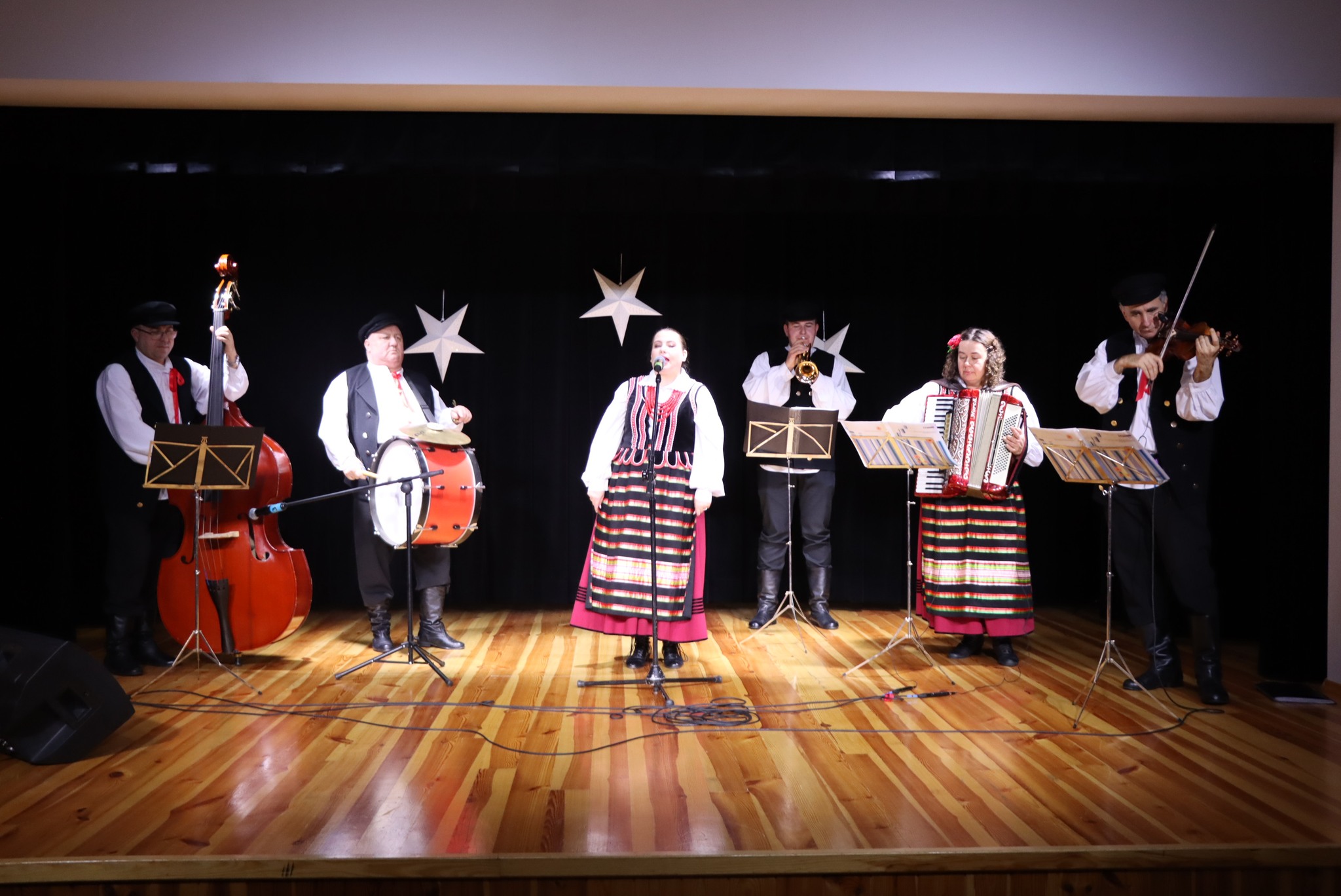 Na zdjęciu sześcioro członków zespołu w strojach ludowych występujących na scenie. Zespół składa się z wokalistki i pięciu muzyków grających na tradycyjnych ludowych instrumentach.