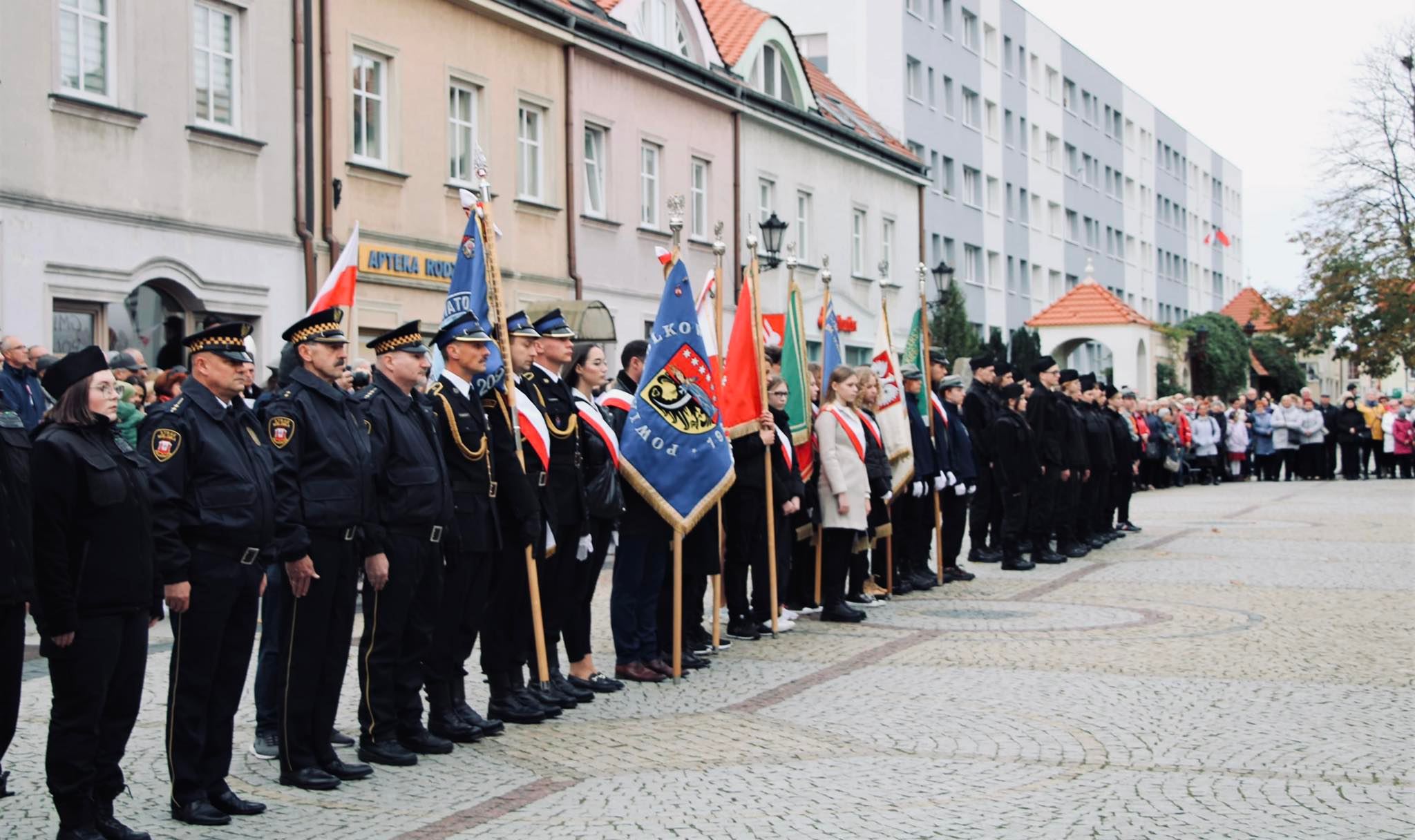 Poczty sztandarowe podczas obchodów święta niepodległości w Polkowicach