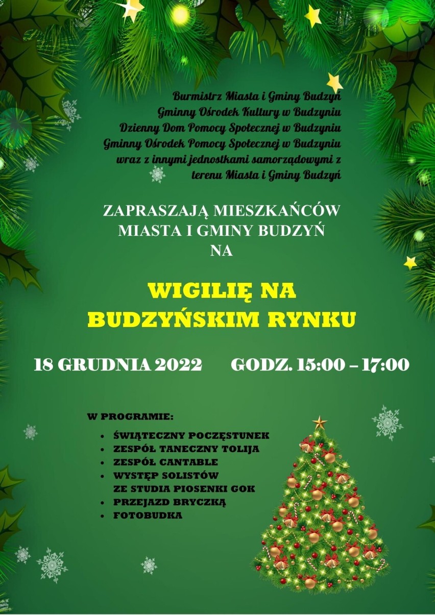 plakat informujący o spotkaniu bożonarodzeniowym na budzyńskim rynku w dniu 18.12.2022 roku o godz. 15:00