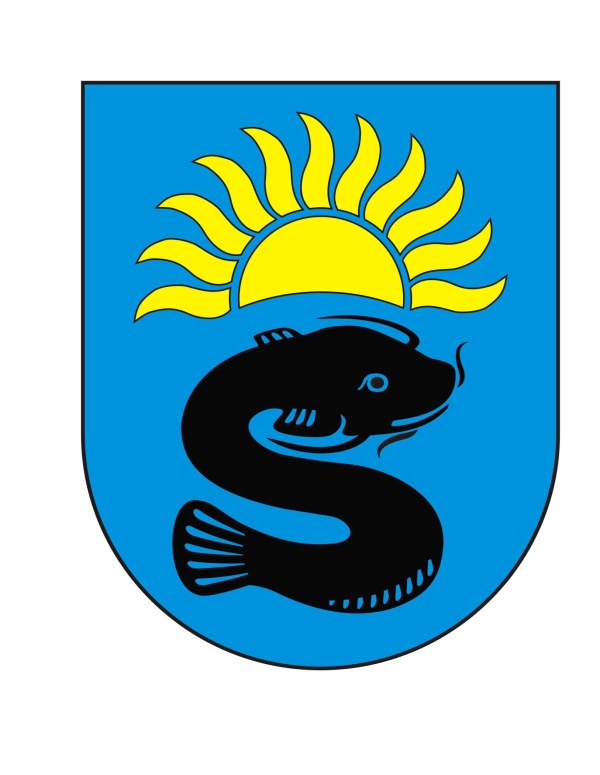 Tarcza herbowa jednopolowa, gdzie na polu barwy niebieskiej umieszczono połączone dwie figury heraldyczne: wizerunek pół złotego (żółtego) słońca nad rysunkiem czarnej ryby - sum zwróconej łbem w lewo i ułożonej w kształt litery „S”.