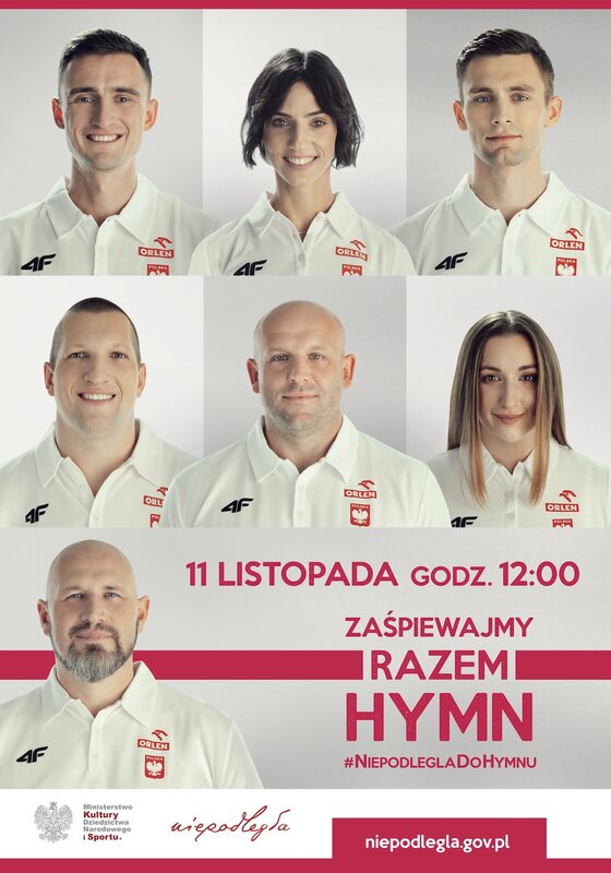 Plakat promocyjny akcji Niepodległa do hymnu z sylwetkami Polskich sportowców