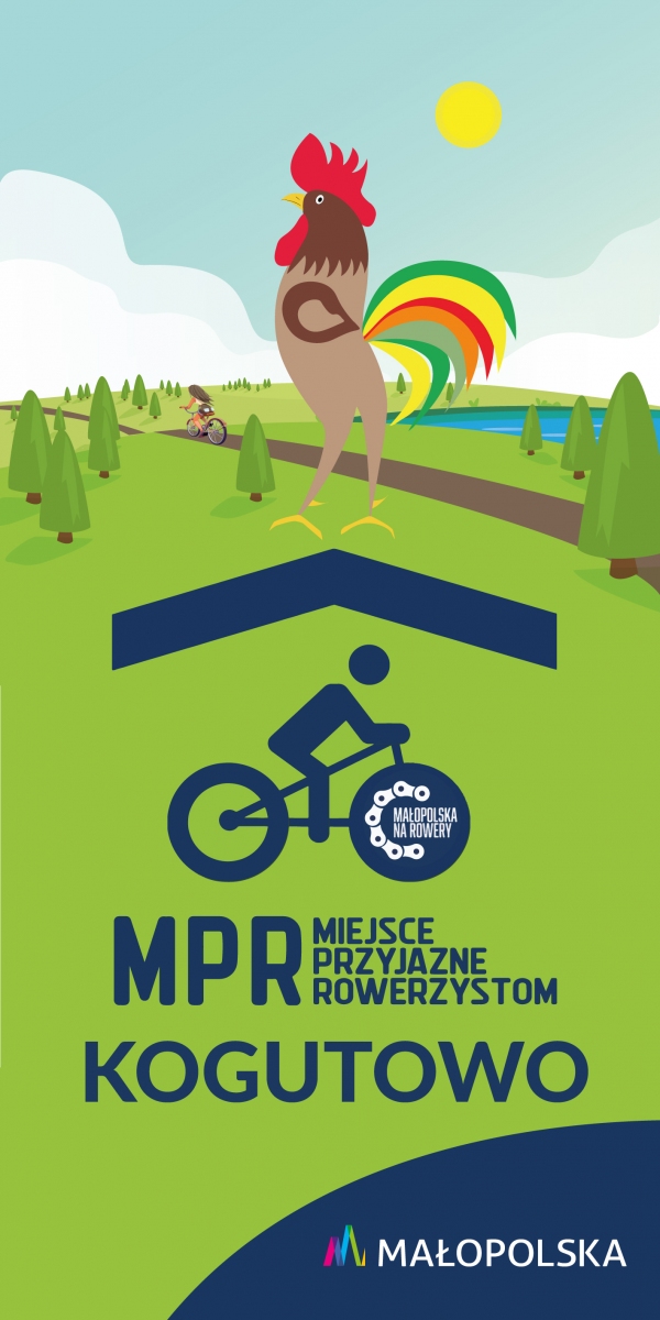 Grafika przedstawiająca koguta z kolorowym ogonem stojącego na trawie pod nim grafika człowieka na rowerze i napis MPR Miejsce Przyjazne Rowerzystom KOGUTOWO w prawym dolnym rogu logo województwa małopolskiego