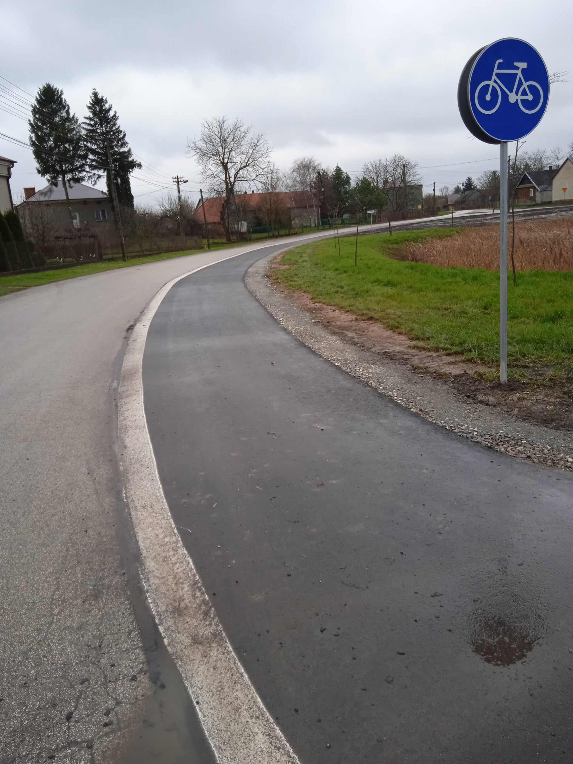 fragment drogi asfaltowej oraz wyznaczona ścieżkę rowerową delikatnie skręcającą w prawo. Po prawej stronie stoi znak "ścieżka rowerowa"