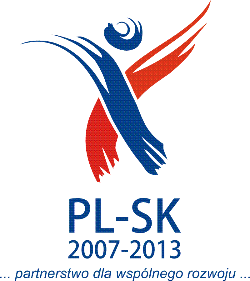 Program Współpracy Transgranicznej PL SK 2007 do 2013. Logotyp przedstawia dwie postacie w kształcie dynamicznej figury w kolorach czerwonym i niebieskim oraz napis partnerstwo dla wspólnego rozwoju. Grafika symbolizuje współpracę transgraniczną Polski i Słowacji w ramach programu wspieranego przez UE. Celem programu było finansowanie projektów wzmacniających rozwój regionalny, m.in. w zakresie ochrony środowiska i infrastruktury komunalnej