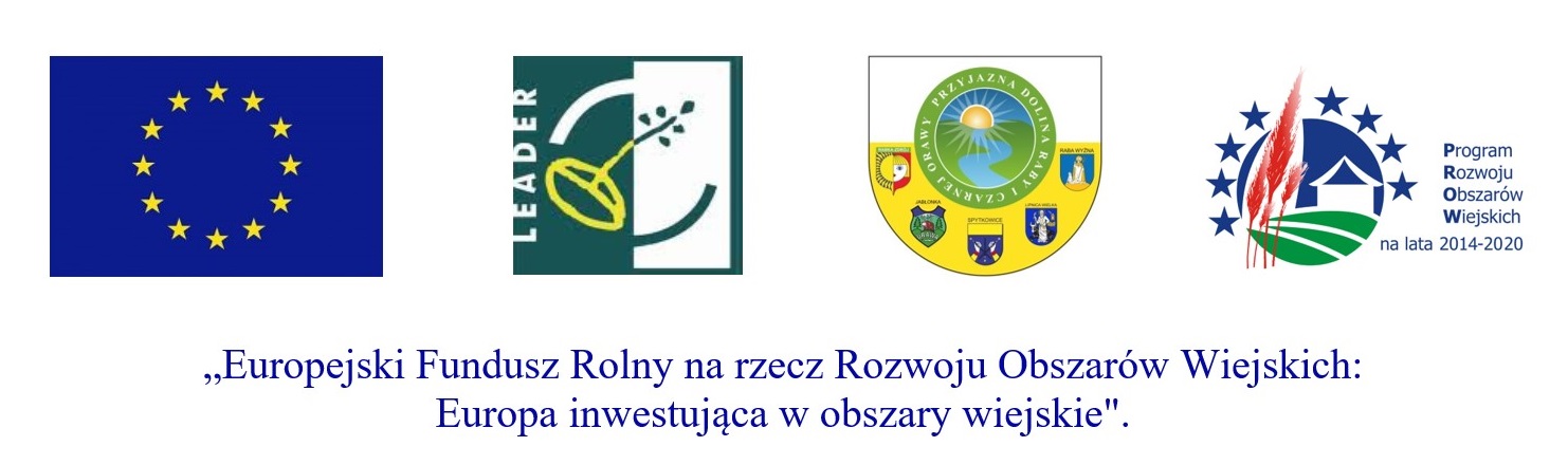 Logo UE, logo LEADER, logo LGD, logo Programu Rozwoju Obszarów Wiejskich. Poniżej napis: Europejski Fundusz Rolny na rzecz Rozwoju Obszarów Wiejskich: Europa inwestująca w obszary wiejskie