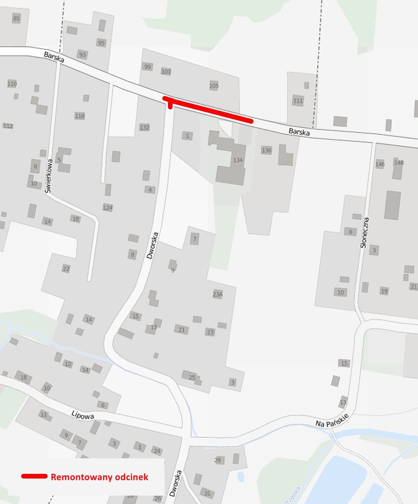 Mapa z zaznaczonym odcinkiem zamkniętej drogi