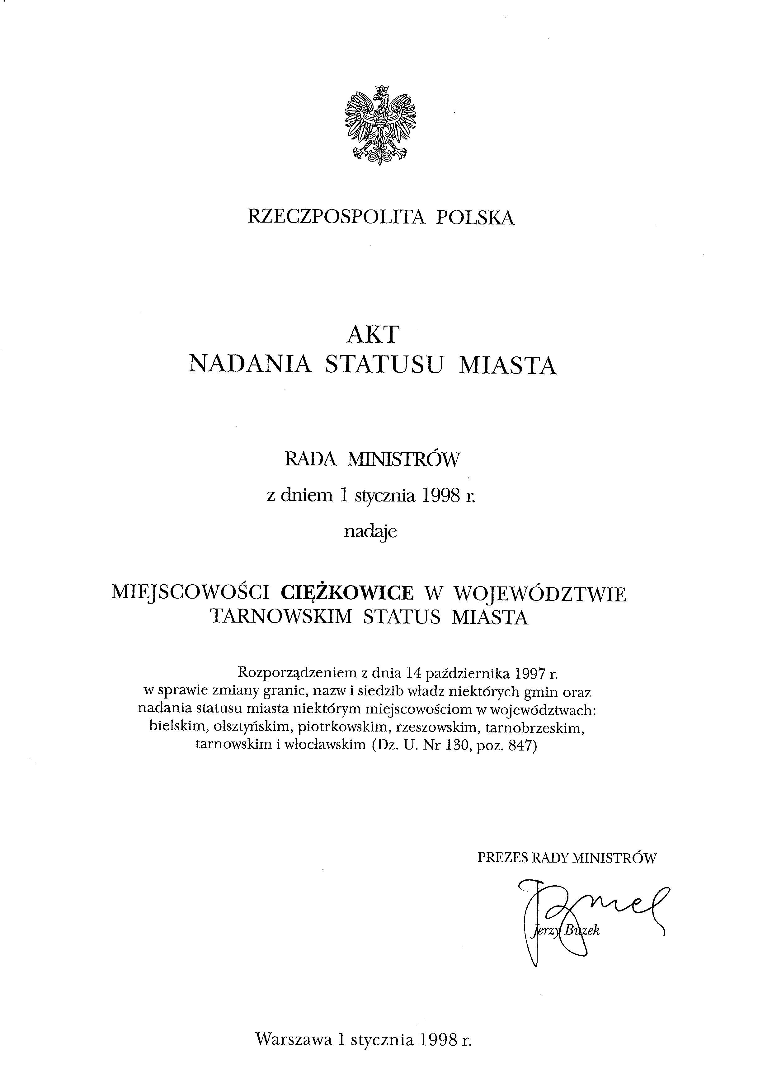 Pierwsza strona dokumentu Akt nadania statusu miasta miejscowości Ciężkowice z dn. 1 stycznia 1998r.