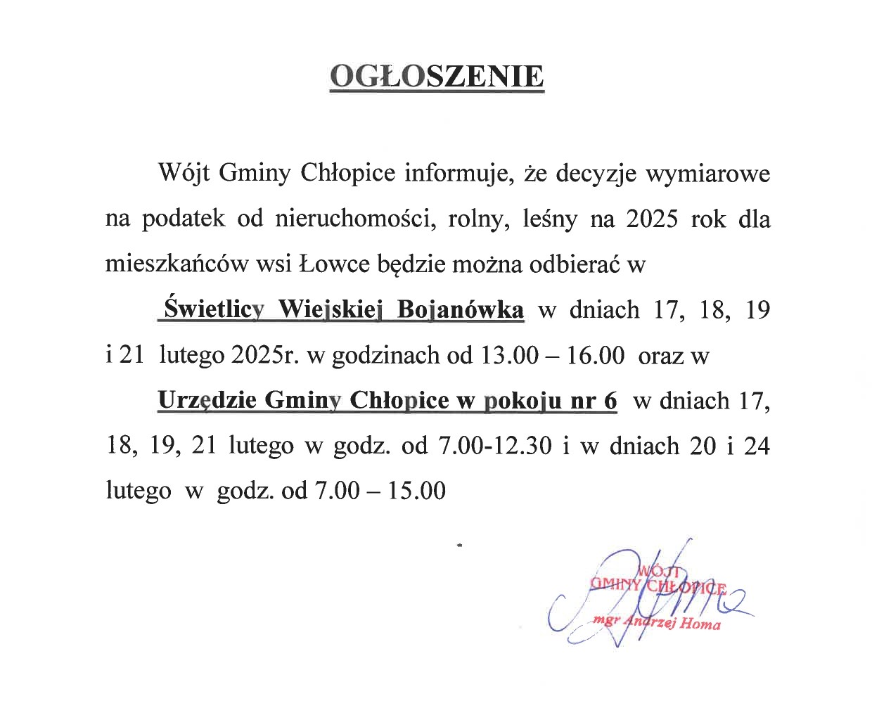 Ogłoszenie dot. wymiarów podatkowych w miejscowości Łowce