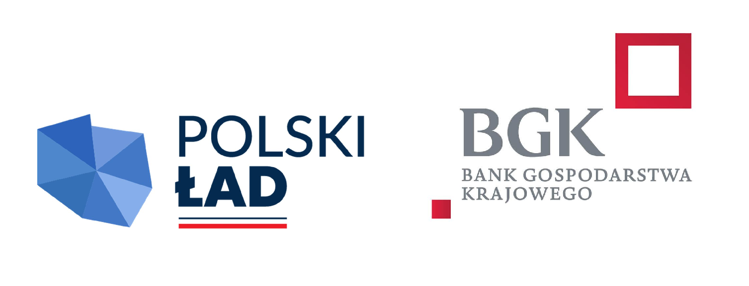 Grafika przedstawia dwa logotypy związane z programami rządowymi i finansowaniem publicznym w Polsce. Po lewej stronie logo programu Polski Ład, po prawej stronie logo Banku Gospodarstwa Krajowego
