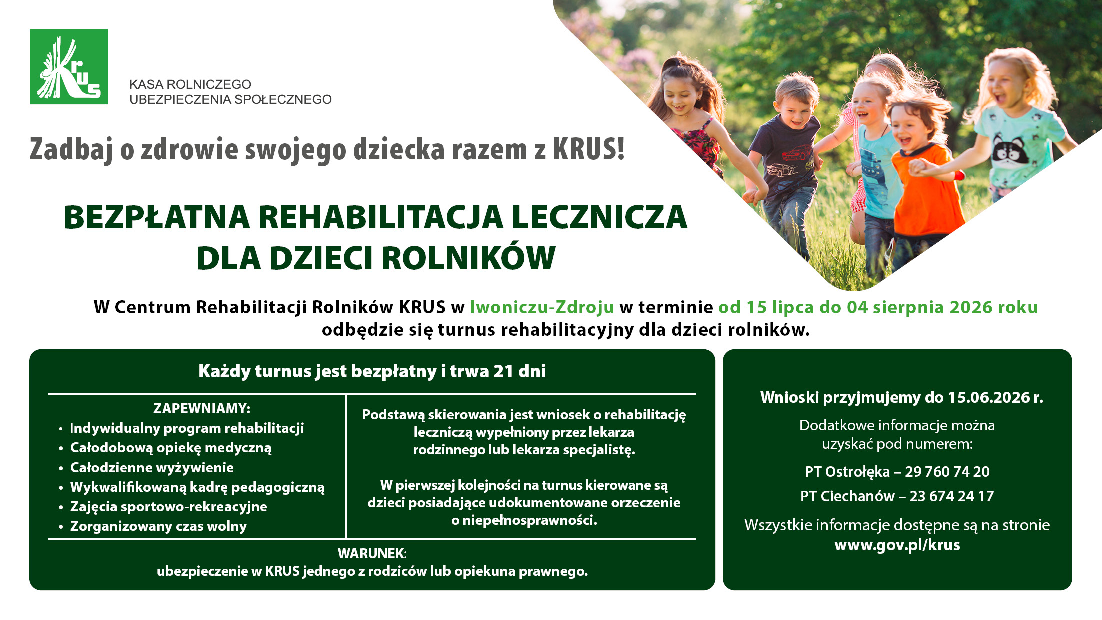 KRUS PT Pułtusk - plakat dotyczy turnusów rehabilitacyjnych dla dzieci rolników w 2026 r. 