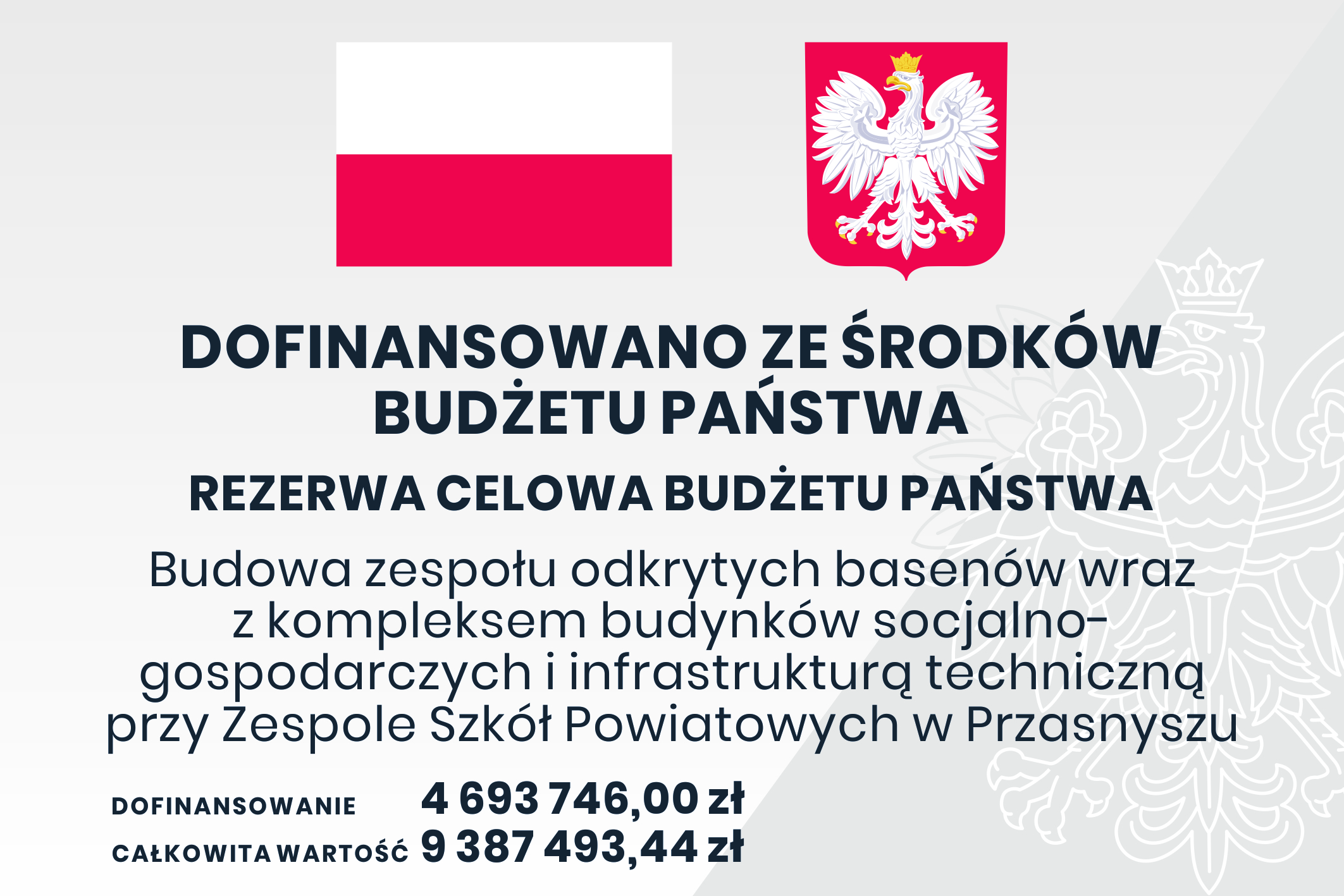 Grafika promująca informację o pozyskaniu przez Powiat Przasnyski prawie 4,7 miliona złotych z rezerwy celowej budżetu państwa na budowę kompleksu odkrytych basenów w Przasnyszu