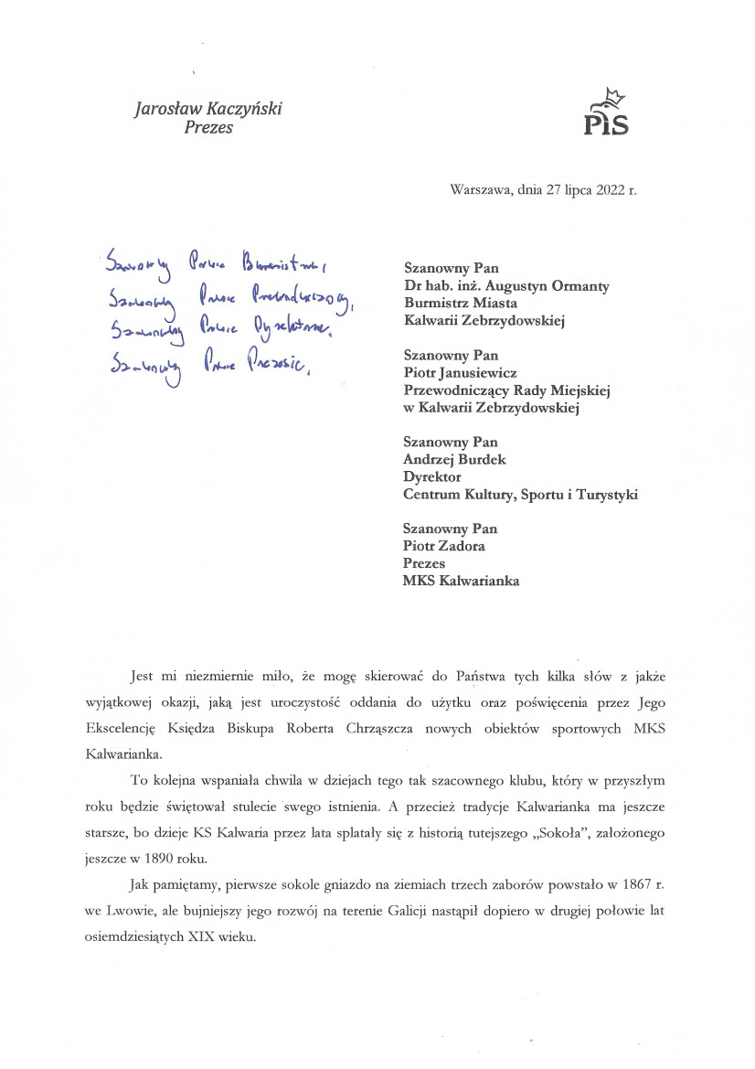 List Prezesa PiS Jarosława Kaczyńskiego 