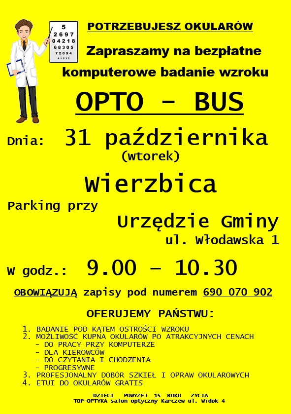 Zaproszenie na bezpłatne komputerowe badanie wzroku w dniu 31 października 2023 r. w Wierzbicy-Osiedle