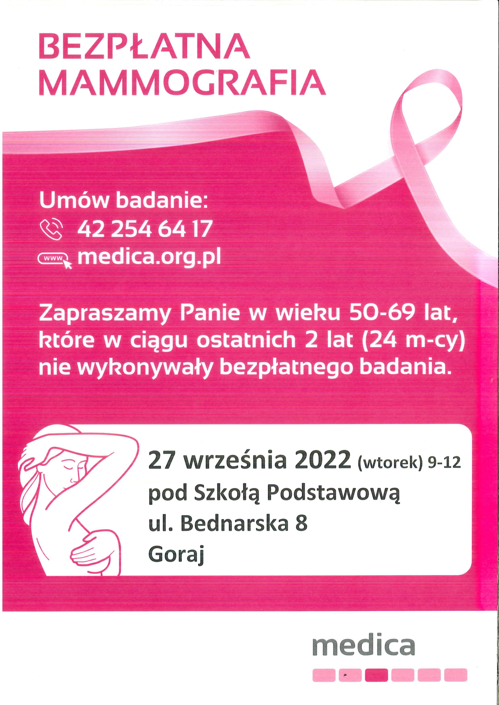 Bezpłatna mammografia 27 września 2022, Szkoła Podstawowa, Bednarska 8, 23-450 Goraj