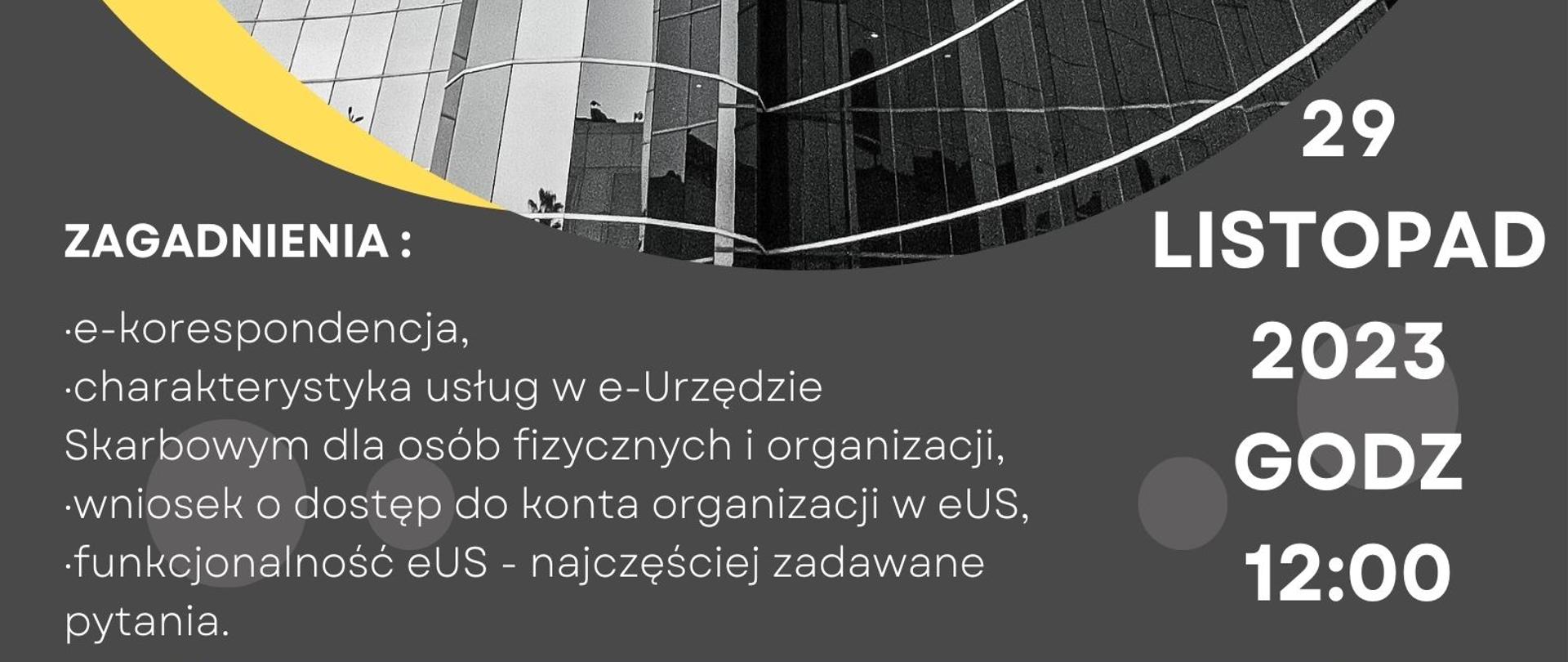 Spotkanie informacyjne z LGD i Urzędem Skarbowym - Plakat zawiera logo LGD Pałuki i Urzędu Skarbowego, datę i godzinę spotkania (29 listopada 2023 r. o godzinie 12:00) oraz numer telefonu do rejestracji (609996155). Plakat zaprasza przedsiębiorców do spotkania, na którym dowiedzą się, jak korzystać z e-Urzędu Skarbowego, jakie są jego korzyści i zalety