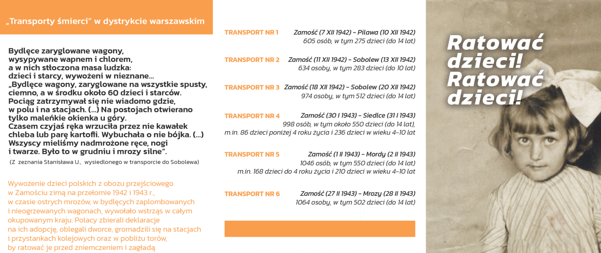 „Ratować dzieci! Ratować dzieci! Dzieci Zamojszczyzny w dystrykcie warszawskim 1942-1945” to tytuł wystawy plenerowej, która w dniach 9-16 listopada 2023 roku będzie gościła w Mieście Mordy.