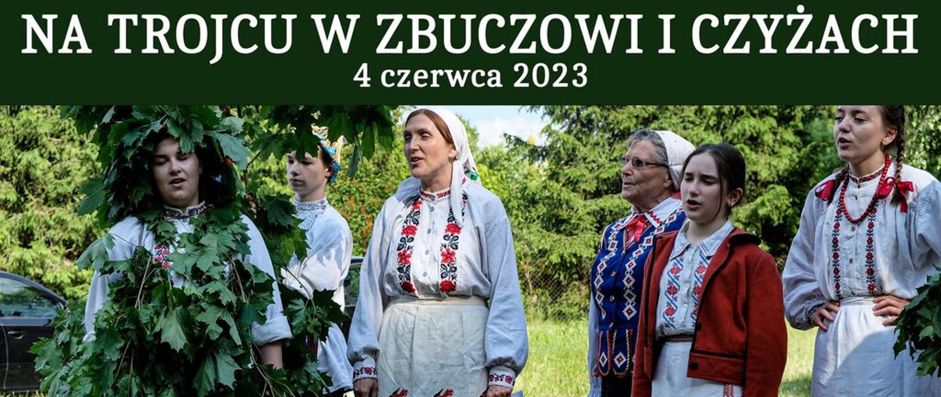 Na zielonym tle zdjęcie członków zespołu, ubranych w stroje ludowe, u dołu i góry napisy organizacyjne (zawarte w artykule)