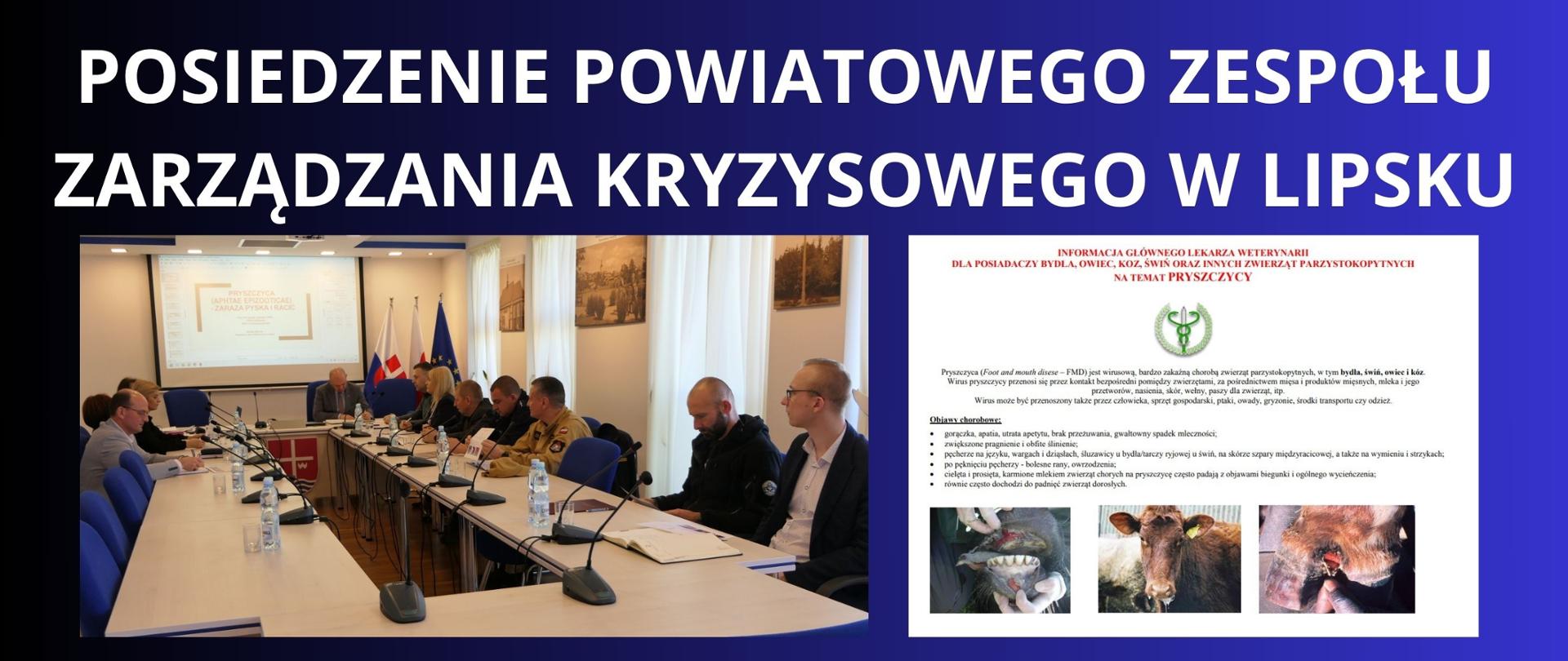 Granatowe tło z białym napisem "Posiedzenie powiatowego zespołu zarzadzania kryzysowego w Lipsku" pod napisem jedno zdjęcie z posiedzenia a drugie ulotka.