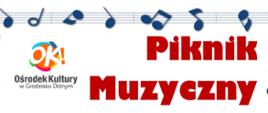 białe tło czerwone litery piknik muzyczny wkoło niebieskie nutki 