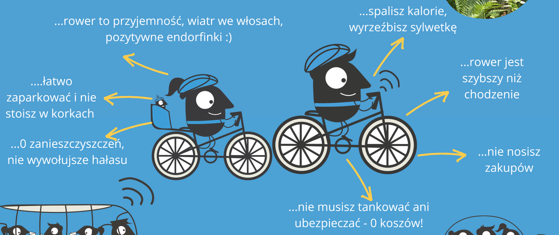 Na niebieskim tle zdjęcie oznakowania szlaku rowerowego. W lewym rogu logo kampanii i herb powiatu hajnowskiego (na żółtym tle żubr i dwa świerki), W centralnym miejscu plakatu dwie postacie na rowerze, wokół nich napisy: Przesiadaj się i jedź bo: rower to przyjemność, wiatr we włosach, pozytywne endorfinki, spalisz kalorie, wyrzeźbisz sylwetkę, rower jest szybszy niż chodzenie, nie nosisz zakupów, nie musisz tankować ani ubezpieczać - 0 kosztów, 0 zanieczyszczeń, nie wywołujesz hałasu, łatwo parkować i nie stoisz w korkach