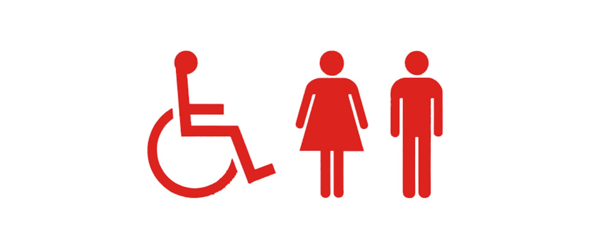 3 sylwetki osoby na wózku, kobiety i mężczyzny