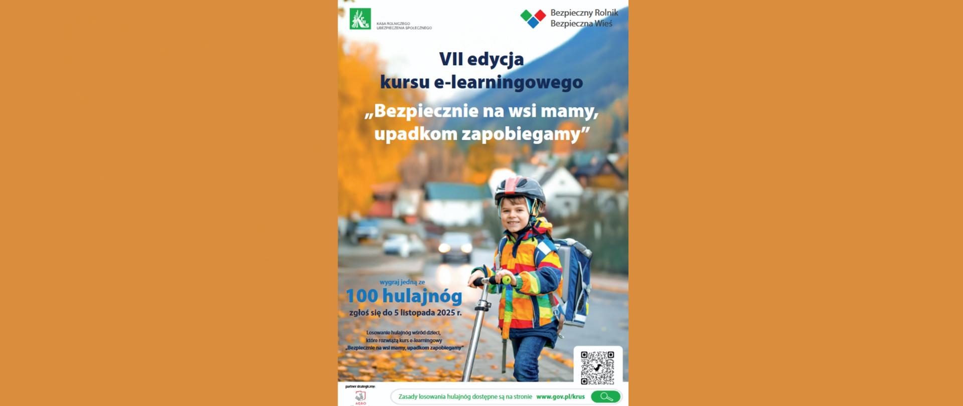 Brązowe tło z plakatem na środku dotyczący konkursu e-learningowego " Bezpiecznie na wsi mamy, wpadkom zapobiegamy".