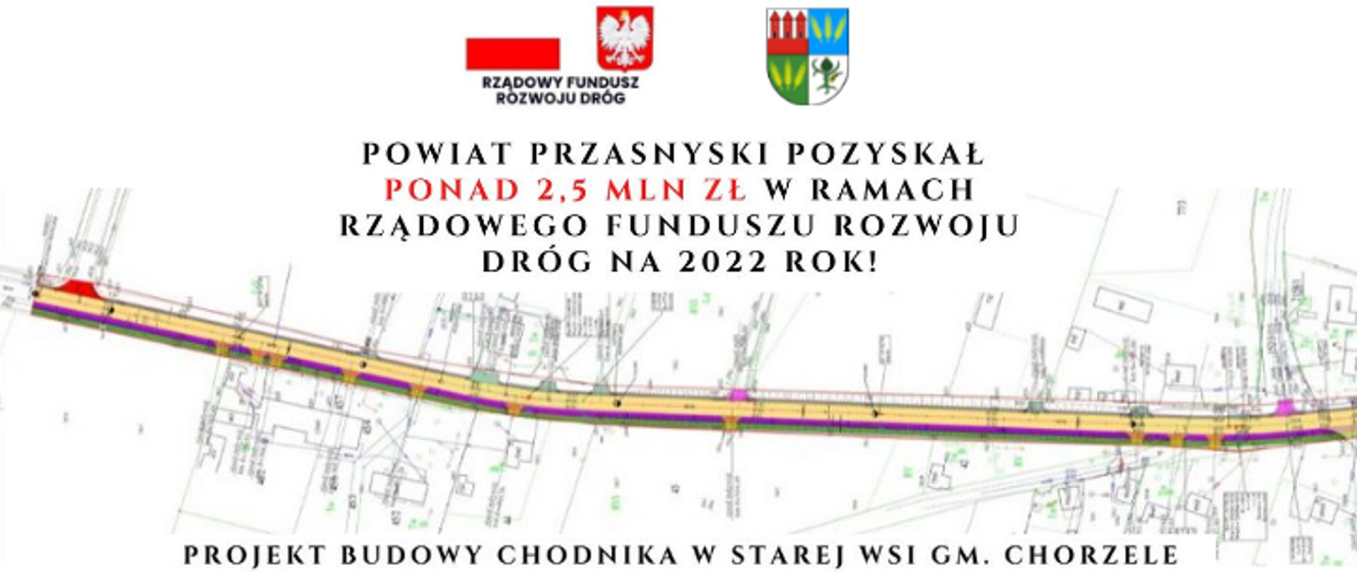 Grafika promująca informację o pozyskaniu przez Powiat Przasnyski kwoty ponad 2,5 miliona złotych na budowę chodnika w Starej Wsi. Środki pozyskani z Rządowego Funduszu Rozwoju Dróg na 2022 rok.