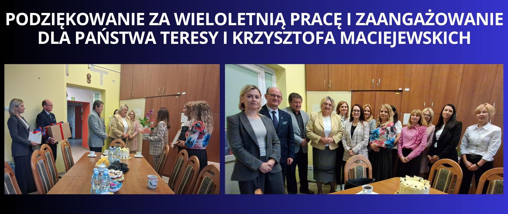 Granatowe tło z białym napisem "Podziękowanie za wieloletnią pracę i zaangażowanie dla Państwa Teresy i Krzysztofa Maciejewskich". Pod napisem dwa zdjęcia z wydarzenia.