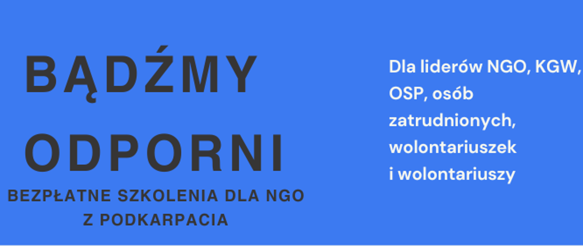 Grafika promująca projekt „Bądźmy Odporni – Bezpłatne szkolenia dla NGO z Podkarpacia”, skierowany do liderów NGO, KGW, OSP, osób zatrudnionych oraz wolontariuszek i wolontariuszy. Na niebieskim tle widnieje tytuł projektu, a obok zdjęcie pięciu osób stojących razem na świeżym powietrzu. Grafika przedstawia ofertę treningów wyjazdowych i online, warsztatów zdrowotnych, sesji edukacyjnych, materiałów edukacyjnych oraz działań wspierających dobrostan, radzenie sobie ze stresem i przeciwdziałanie wypaleniu zawodowemu. Na dole umieszczono logotypy organizatorów, partnerów i instytucji finansujących projekt ze środków Funduszy Europejskich dla Podkarpacia 2021–2027.