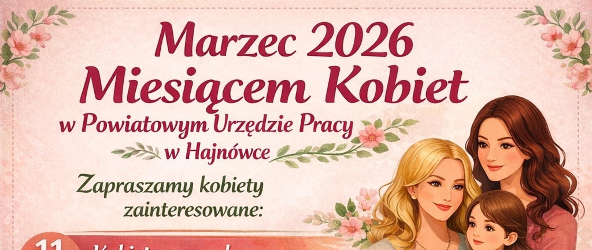 Na plakacie umieszczono informacje o wydarzeniu, zawarte w artykule. Obok informacji, umieszczono grafiki kobiet.