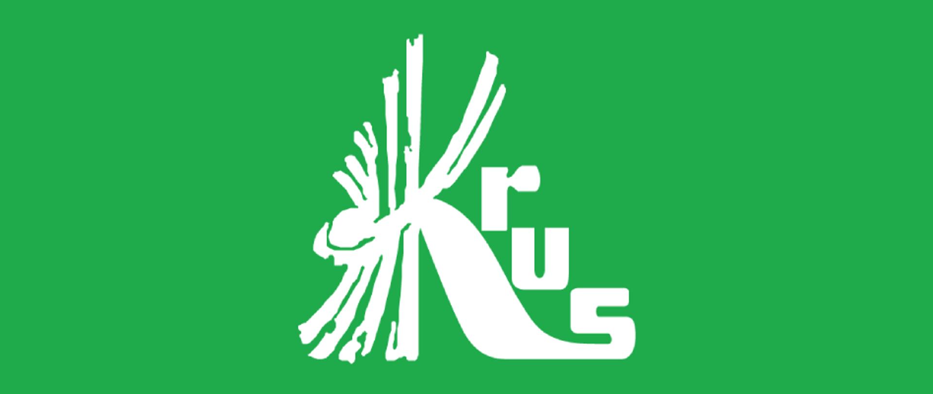 Białe Logo na zielonym tle, kombinacja liter KRUS.