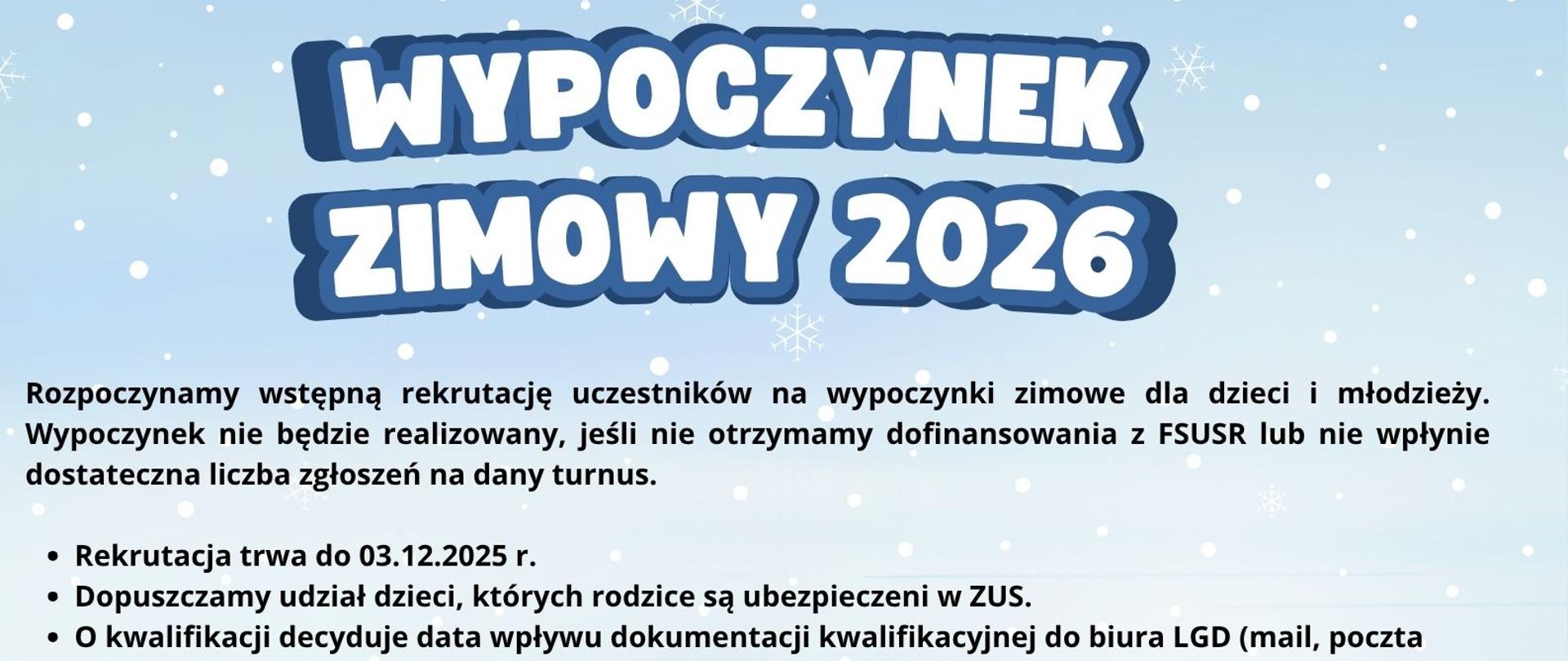 Plakat promujący wypoczynek zimowy 2026 
