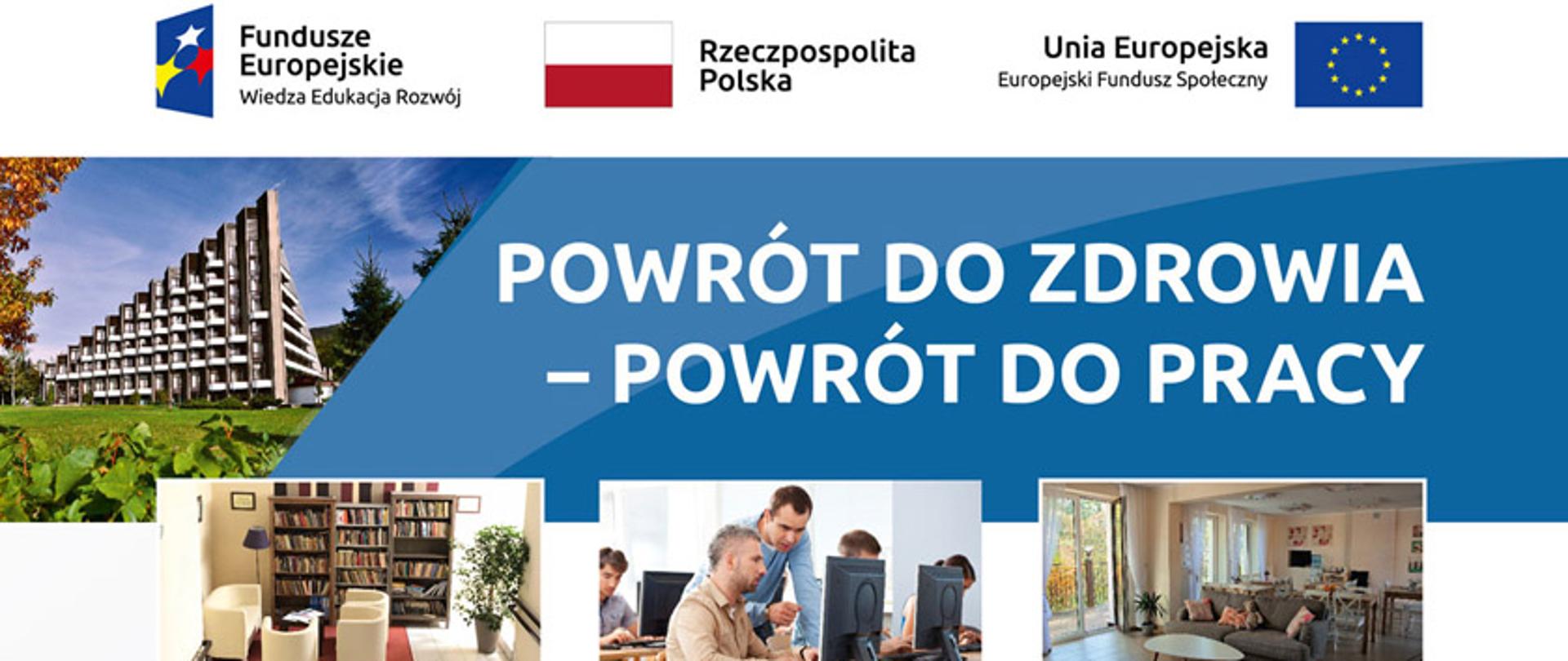zdjęcie przedstawia z lewej strony wysoki budynek w piękny słoneczny dzień, na kolejnym obrazku salon z półkami wypełnionymi książkami, na następnym mężczyzn siedzących przy komputerze i na ostatnim salon z fosą i ławą 