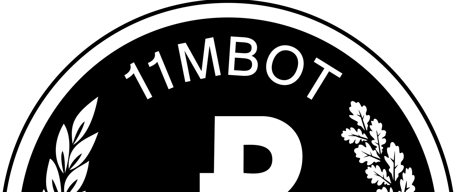 zdjęcie przedstawia czarne koło białą obwódką. W środku koła logo, nad nim napis 11 MBOT. po bokach logo z gałązki drzew.