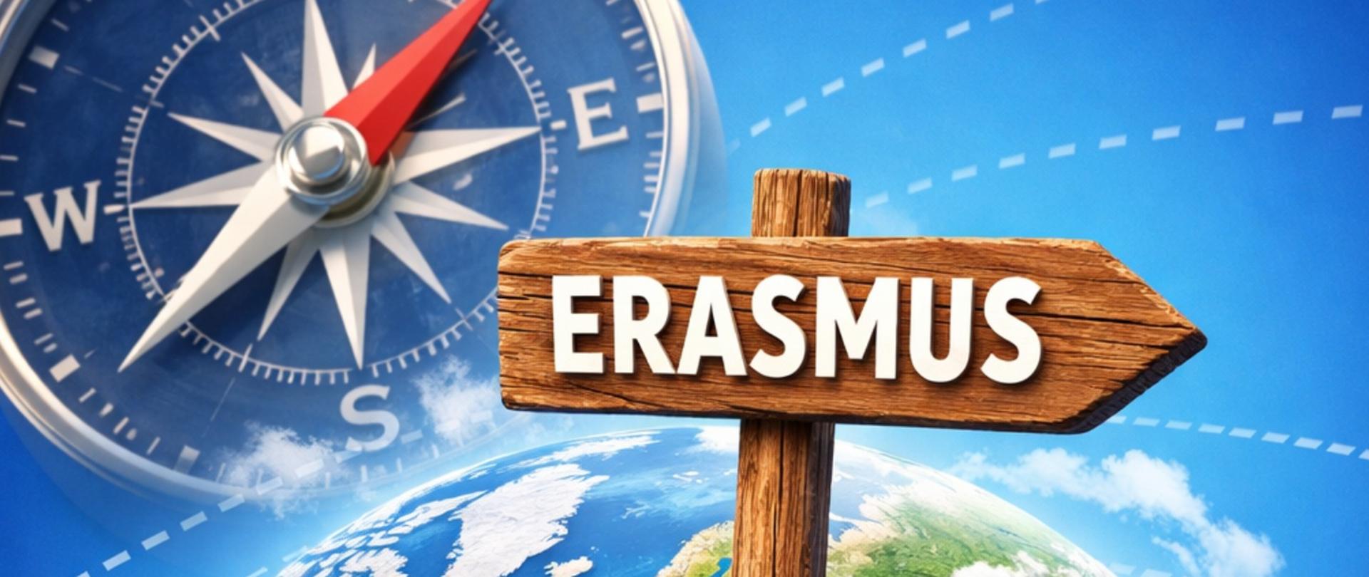 Na niebieskim tle zdjęcie kuli ziemskiej, dookoła której lata samolot. Z kuli ziemskiej wyrasta drogowskaz z napisem "Erasmus"