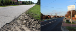 Droga powiatowa w miejscowości Czyże - przed i po przebudowie. Po lewej - droga przed przebudową - popękany asfalt, brak ścieżki rowerowej, zarośnięte pobocza. po prawej - droga po przebudowie: nowa nawierzchnia, pobocza, ścieżka rowerowa 