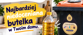 Przezroczysta butelka plastikowa wypełniona olejem, czarno-pomarańczowy pojemnik na zużyty olej.