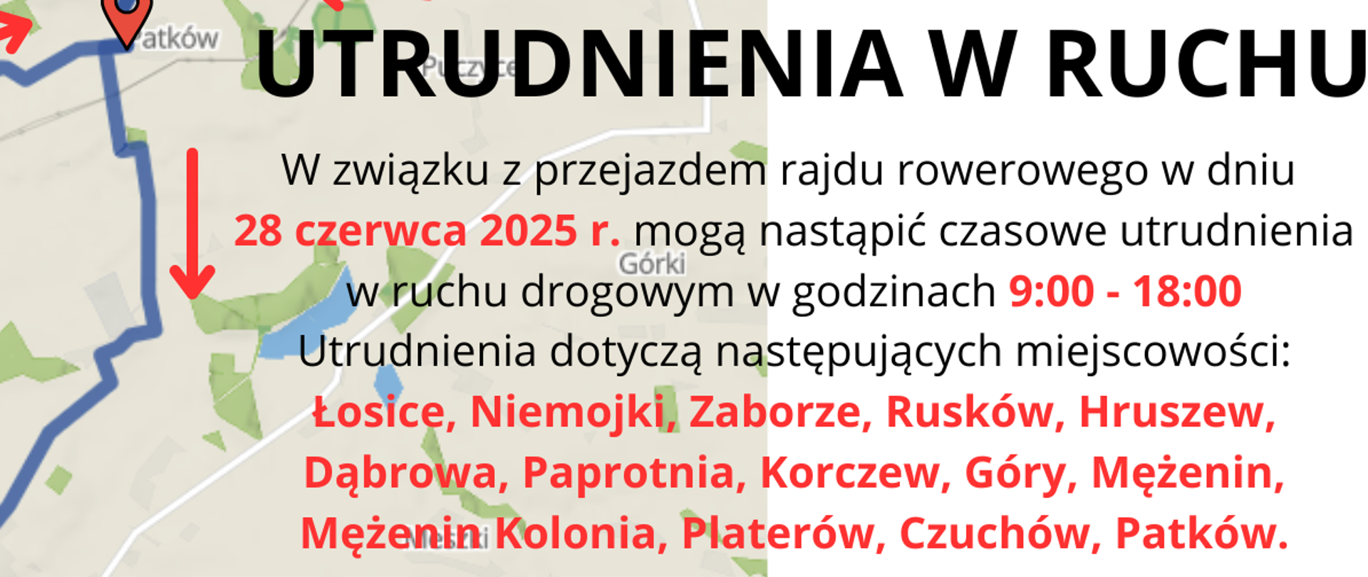 mapa na której zaznaczono przebieg trasy rajdu rowerowego. Informacja o możliwych utrudnieniach w ruchu w treści poniżej