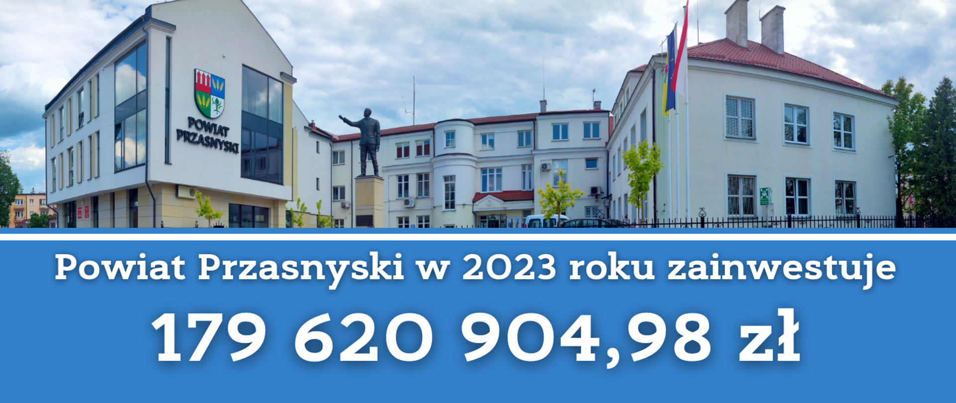 Grafika przedstawia informację o planach Powiatu Przasnyskiego, by wydać na inwestycje w 2023 roku blisko 180 milionów złotych.