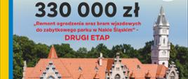 Plakat głosownie - zdjęcia Pałacu w Nakle Śląskim z lotu ptaka. Tekst w treści arytkułu