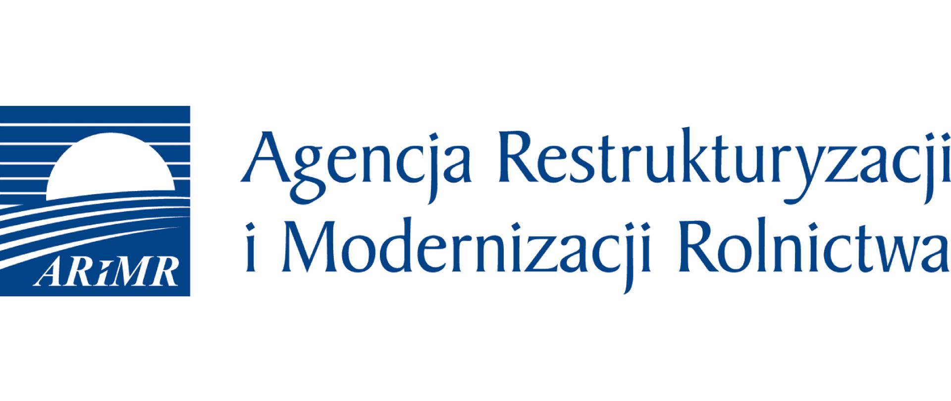 Biało - granatowy logotyp z krzywych prezentujący słońce wznoszące się nad niebo zza pól. Po prawej Stronie napis Agencja Restrukturyzacji i Modernizacji Rolnictwa