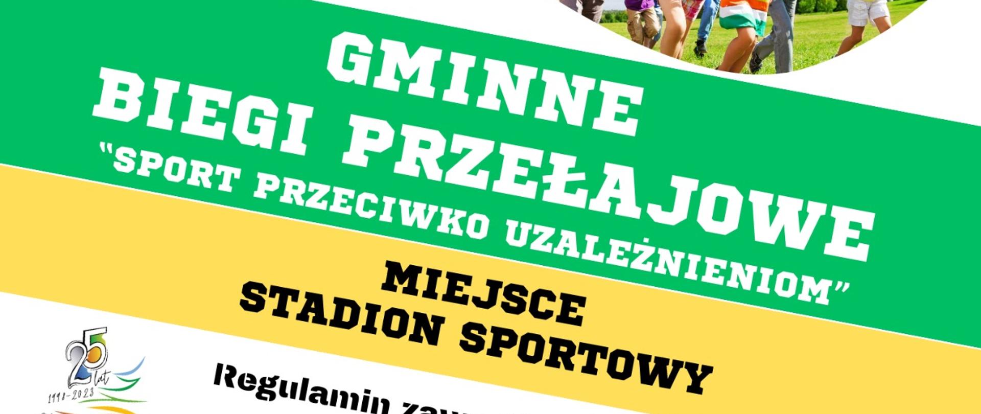 Plakat na tle zielono, biało- żółtym z informacjami na temat Gminnych biegów przełajowych.