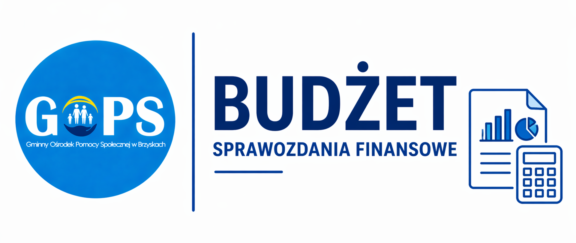 Panoramiczna grafika informacyjna utrzymana w minimalistycznej, urzędowej stylistyce (biel, odcienie niebieskiego i granatu), o przejrzystym i nowoczesnym układzie. Po lewej stronie znajduje się logo Gminnego Ośrodka Pomocy Społecznej w Brzyskach, oddzielone cienką pionową linią od części tekstowej.
Po prawej stronie umieszczono wyraźny nagłówek „Budżet”, a poniżej doprecyzowanie „Sprawozdania finansowe”, odnoszące się do dokumentów przedstawiających gospodarkę finansową Ośrodka.
Dodatkowo widoczna jest prosta grafika symboliczna – dokument z wykresem oraz kalkulator – nawiązująca do finansów, rozliczeń i przejrzystości wydatkowania środków publicznych.